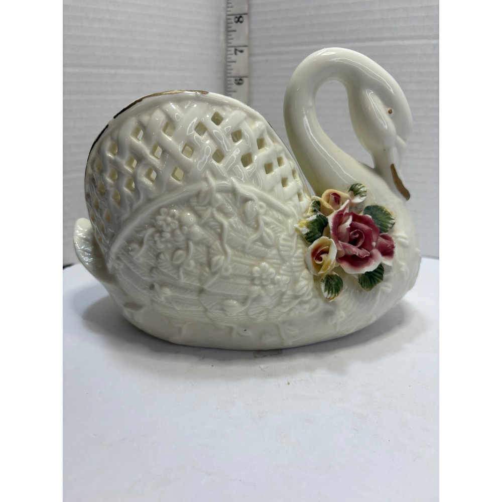 Ceramic Swan Planter Lattice Porcelain Gold Trim Pink Rose Figurine Vintage
